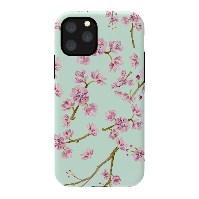 iPhone 11 Pro StrongFit Aqua Teal and Pink Cherry Blossom Branch Spring Pattern by  Utart
