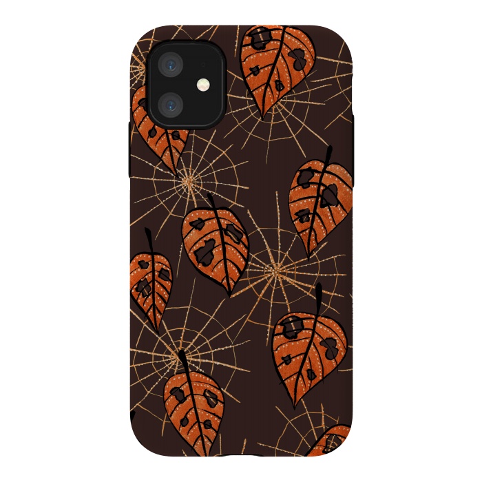 iPhone 11 StrongFit Orange Leaves With Holes And Spiderwebs by Boriana Giormova