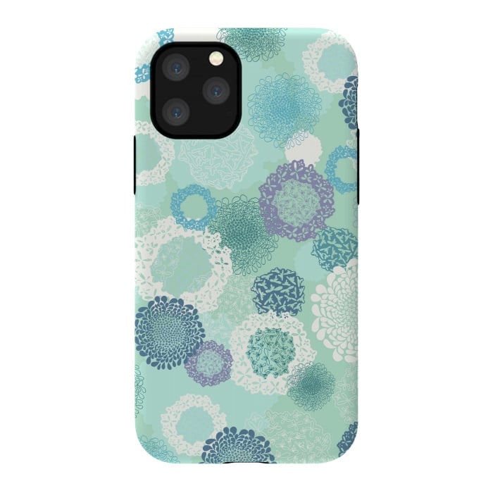 iPhone 11 Pro StrongFit Doily Flowers on Teal by Paula Ohreen