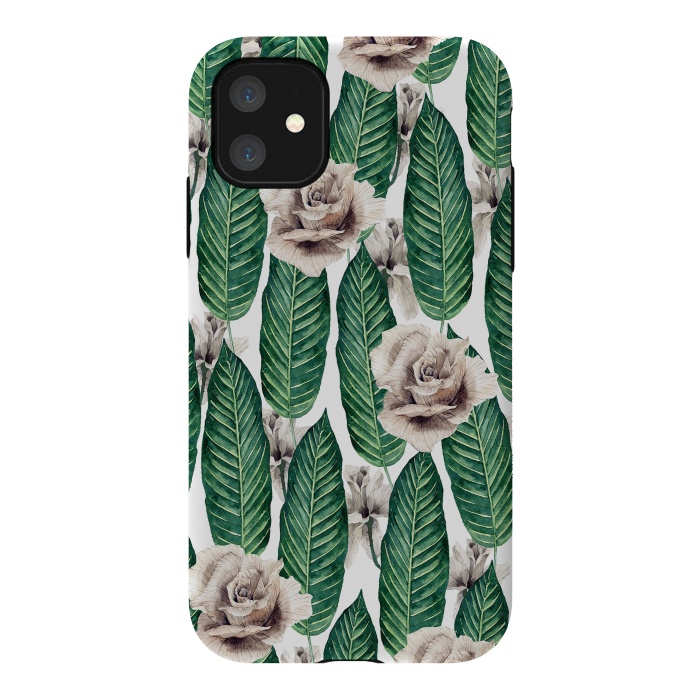 iPhone 11 StrongFit Tropical leaves and white roses by Mmartabc