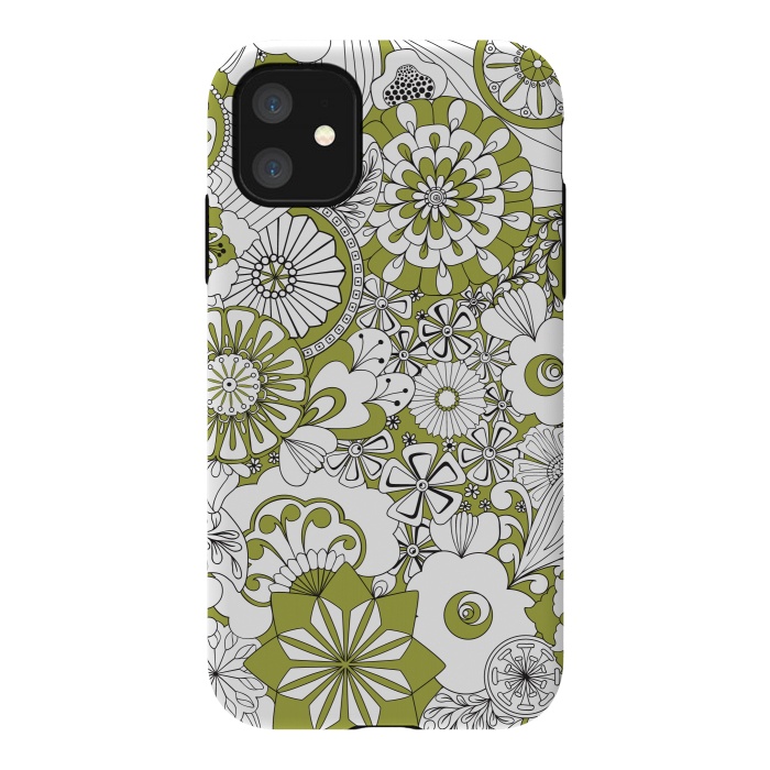 iPhone 11 StrongFit 70s Flowers - Green and White by Paula Ohreen
