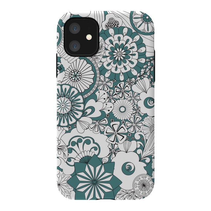 iPhone 11 StrongFit 70s Flowers - Blue and White by Paula Ohreen