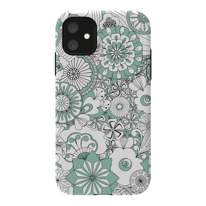 iPhone 11 StrongFit 70s Flowers - Mint Green and White by Paula Ohreen