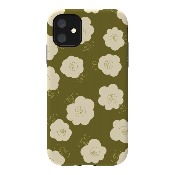 iPhone 11 StrongFit Fluffy Flowers - Cream on Olive Green by Paula Ohreen
