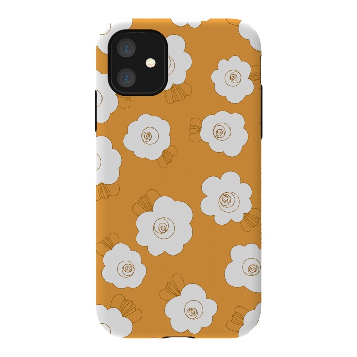iPhone 11 StrongFit Fluffy Flowers - White on Pumpkin Orange by Paula Ohreen