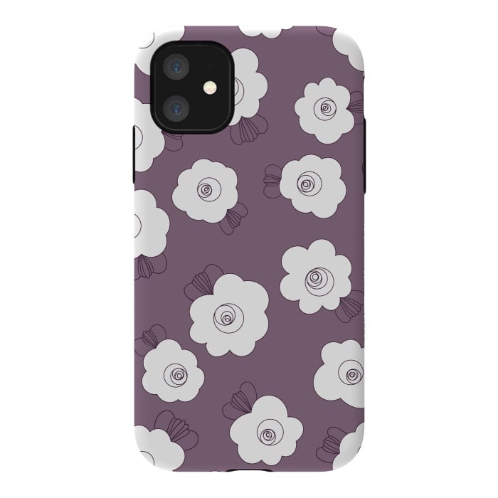 iPhone 11 StrongFit Fluffy Flowers - White on Grape Purple by Paula Ohreen
