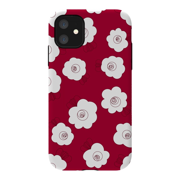 iPhone 11 StrongFit Fluffy Flowers - White on Red by Paula Ohreen