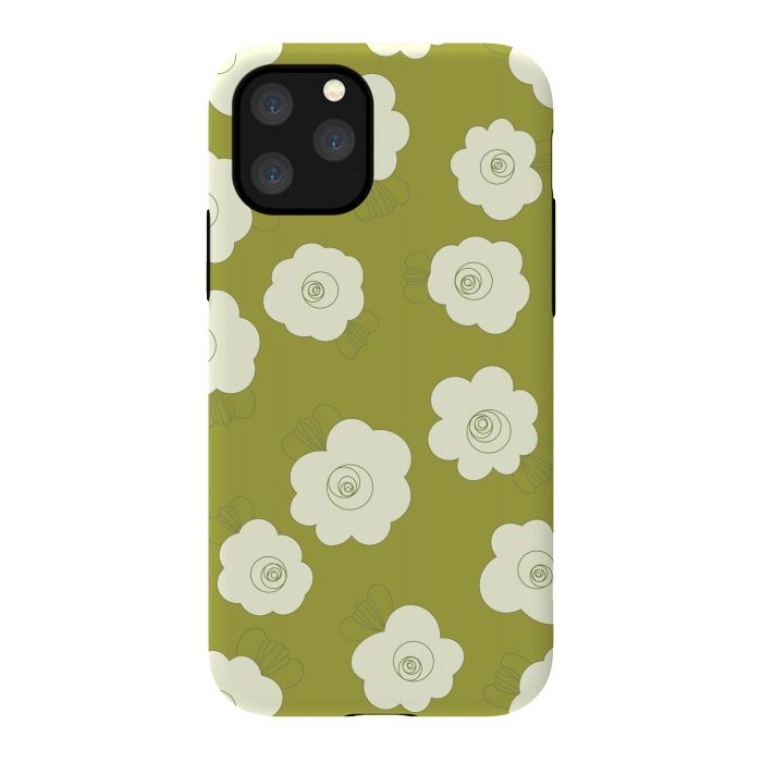 iPhone 11 Pro StrongFit Fluffy Flowers - White on Grass Green by Paula Ohreen
