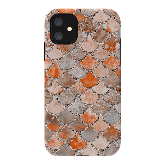 iPhone 11 StrongFit Salmon Peach and Silver Glitter WAtercolor Mermaid Scales by  Utart