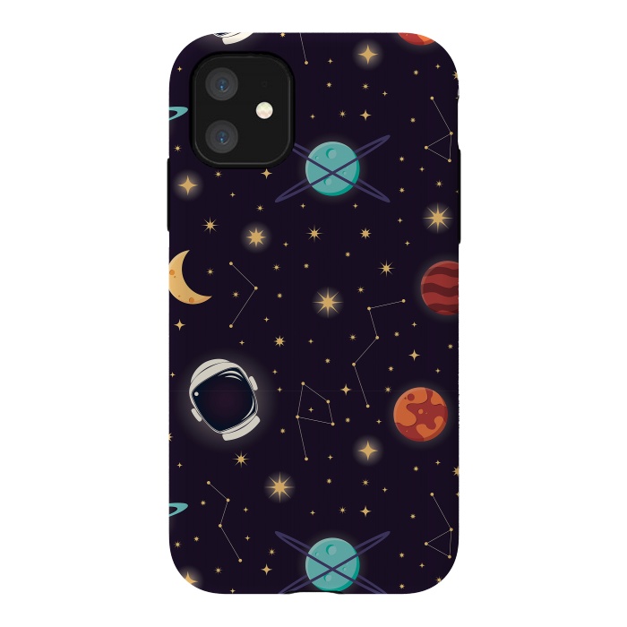 iPhone 11 StrongFit Universe with planets, stars and astronaut helmet seamless pattern, cosmos starry night sky, vector illustration by Jelena Obradovic