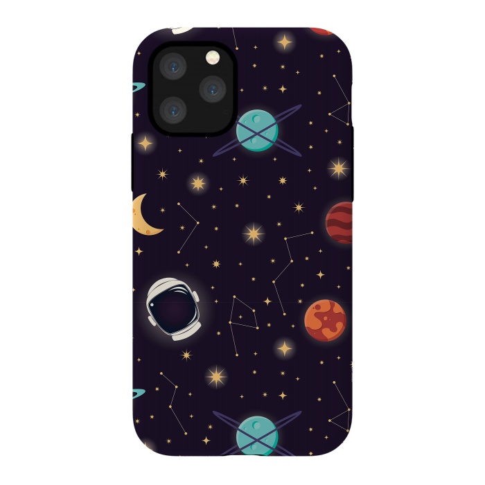iPhone 11 Pro StrongFit Universe with planets, stars and astronaut helmet seamless pattern, cosmos starry night sky, vector illustration by Jelena Obradovic