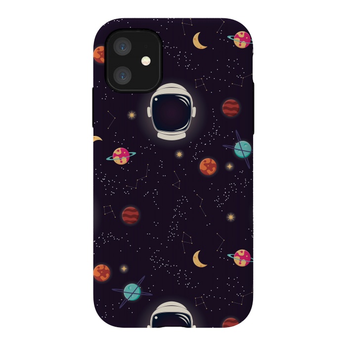 iPhone 11 StrongFit Universe with planets, stars and astronaut helmet seamless pattern, cosmos starry night sky by Jelena Obradovic