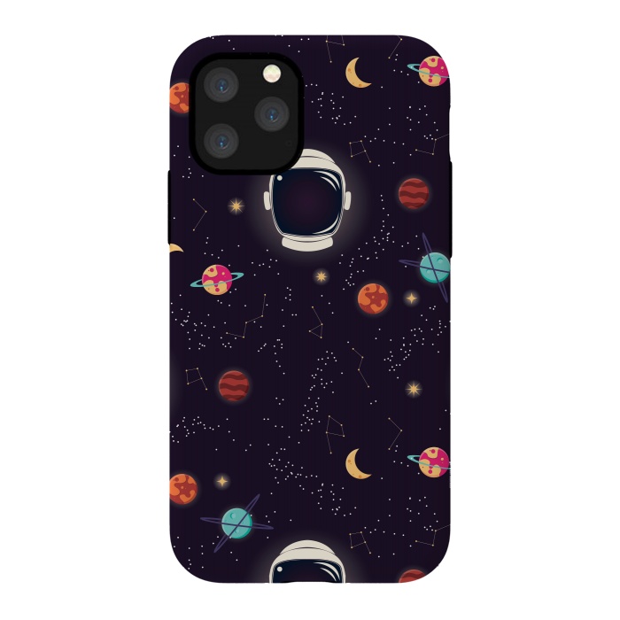 iPhone 11 Pro StrongFit Universe with planets, stars and astronaut helmet seamless pattern, cosmos starry night sky by Jelena Obradovic