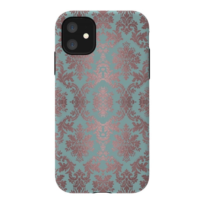 iPhone 11 StrongFit Rose Gold Teal Damask Pattern 2 by Andrea Haase