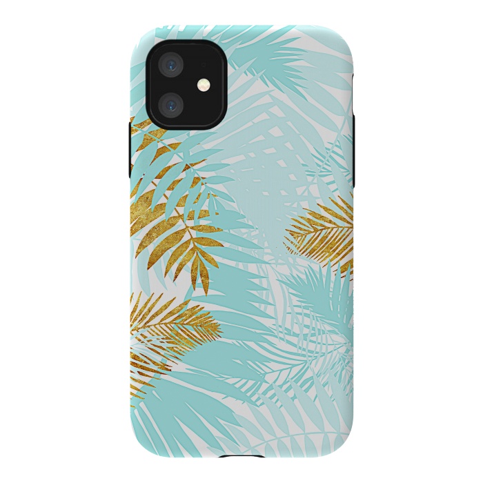 iPhone 11 StrongFit Teal and Gold Palm Leaves by  Utart