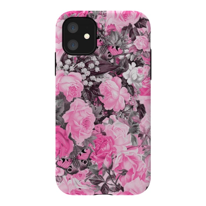 iPhone 11 StrongFit Nostalgic Pink Rose And Butterfly Pattern by Andrea Haase