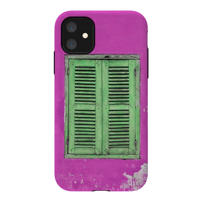 iPhone 11 StrongFit Turquoise Green Shutters In Pink Wall by Andrea Haase