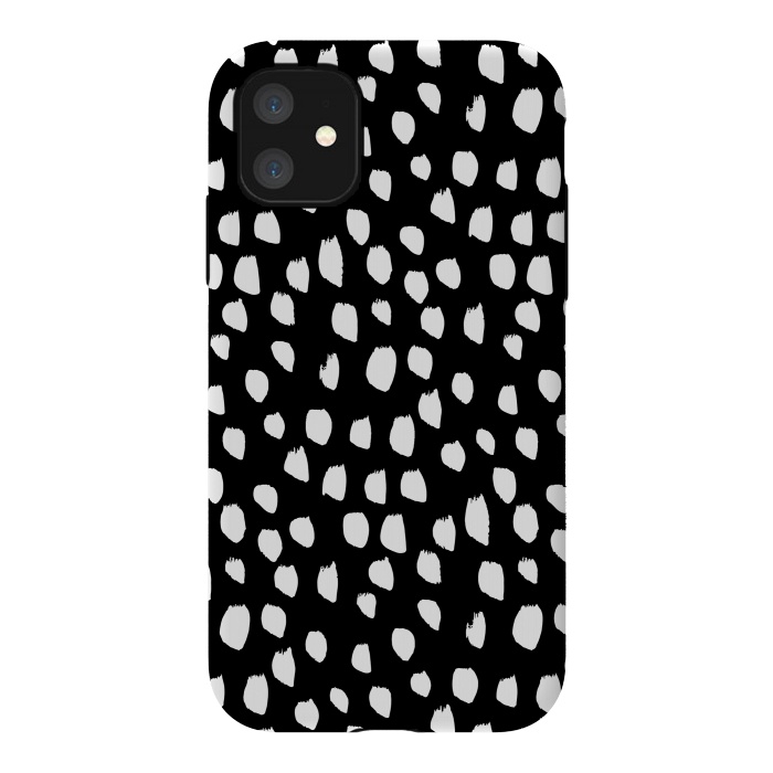 iPhone 11 StrongFit Hand drawn crazy white polka dots on black by DaDo ART