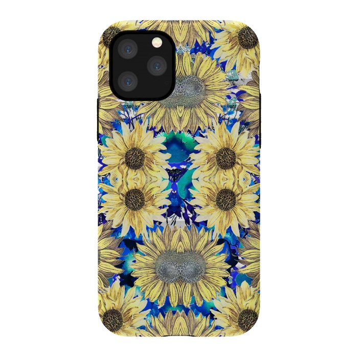 iPhone 11 Pro StrongFit Watercolor painted sunflowers and blue foliage by Oana 