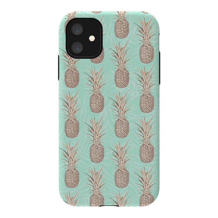 iPhone 11 StrongFit Golden and mint pineapples pattern by InovArts