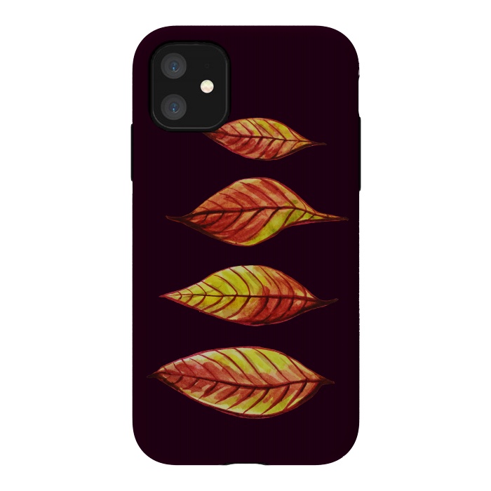 iPhone 11 StrongFit Four Red Yellow Ink Watercolor Painted Autumn Leaves by Boriana Giormova