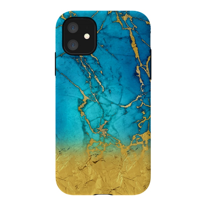 iPhone 11 StrongFit Sea Blue and Sun Gold Marble and Glitter by  Utart