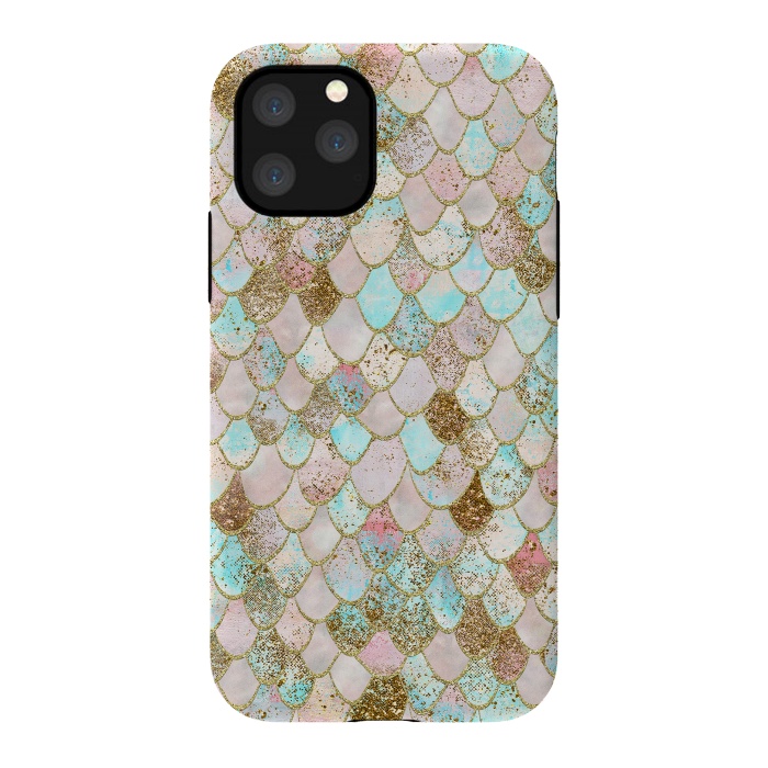 iPhone 11 Pro StrongFit Watercolor Wonky Gold Glitter Pastel Summer Mermaid Scales  by  Utart