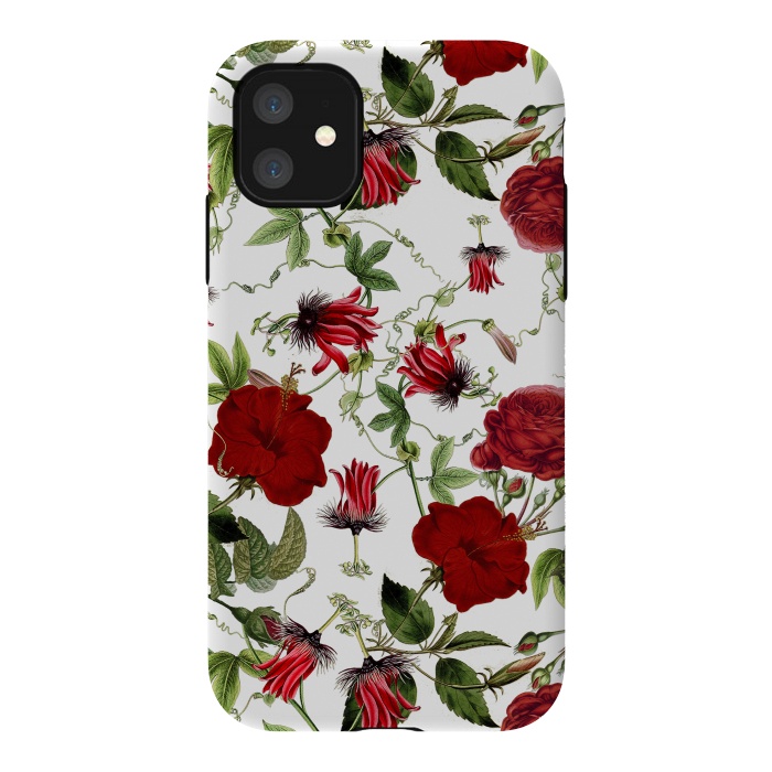 iPhone 11 StrongFit Red Hibiscus and Passiflora Pattern on White by  Utart