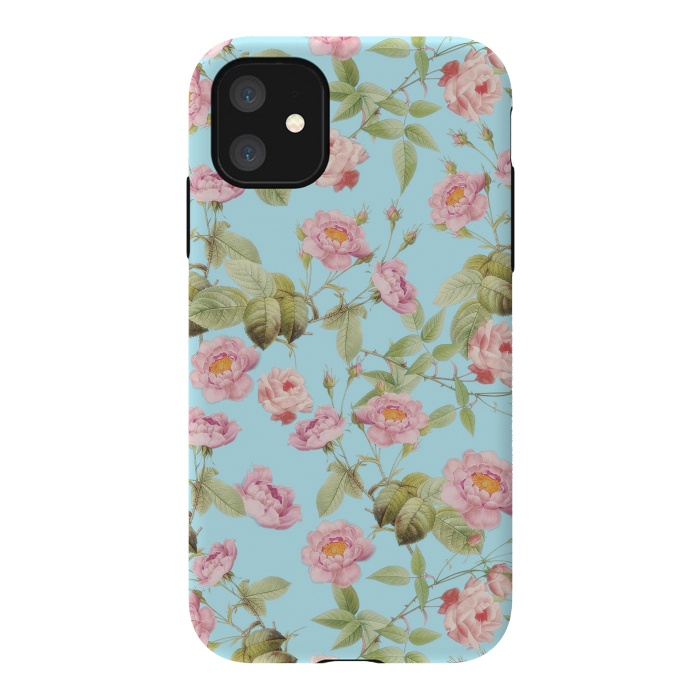 iPhone 11 StrongFit Pastel Teal and Pink Roses Pattern by  Utart