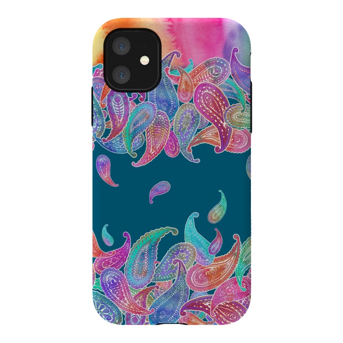 iPhone 11 StrongFit Rainbow Paisley Rain on Blue by Micklyn Le Feuvre