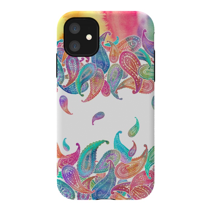iPhone 11 StrongFit Rainbow Paisley Rain on White by Micklyn Le Feuvre