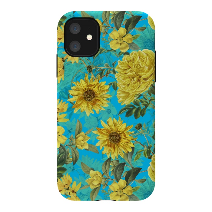 iPhone 11 StrongFit Sunflowers and Yellow Roses on Teal Pattern by  Utart