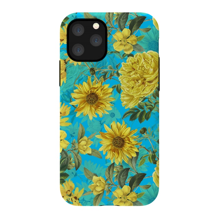 iPhone 11 Pro StrongFit Sunflowers and Yellow Roses on Teal Pattern by  Utart