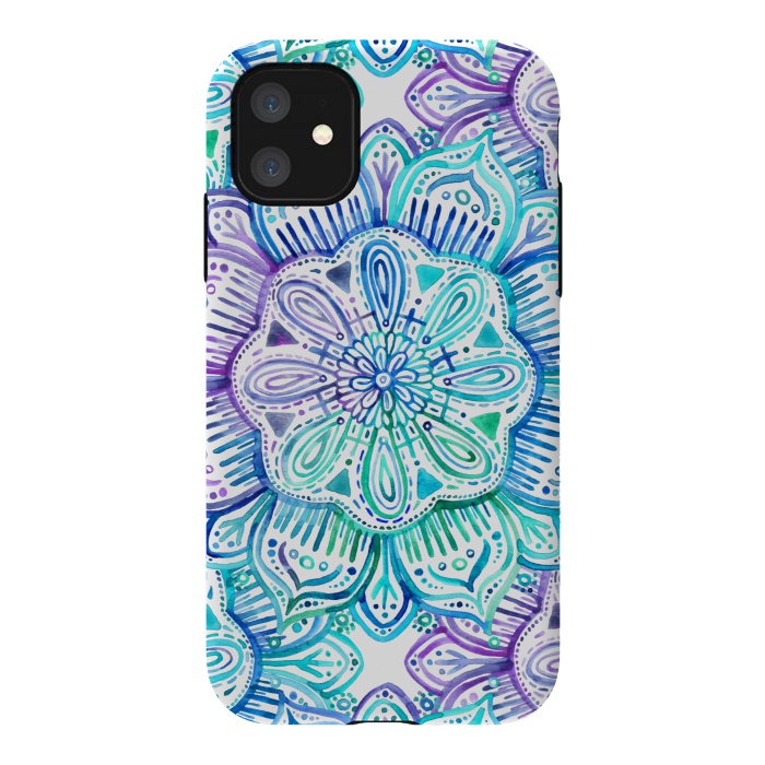 iPhone 11 StrongFit Iridescent Aqua and Purple Watercolor Mandala by Micklyn Le Feuvre