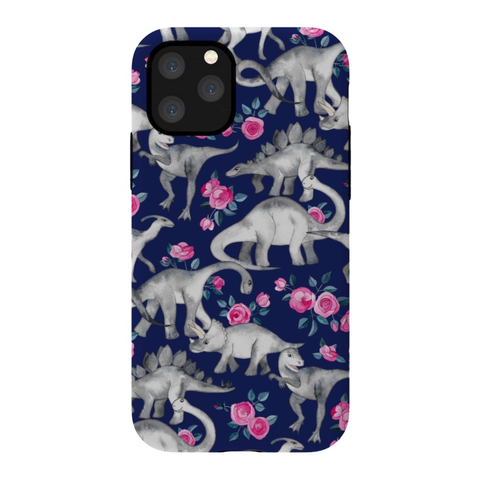 iPhone 11 Pro StrongFit Dinosaurs and Roses on Dark Blue Purple by Micklyn Le Feuvre