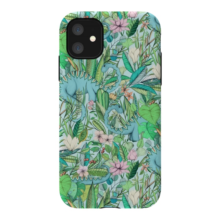 iPhone 11 StrongFit Summer Floral with Dinosaurs by Micklyn Le Feuvre