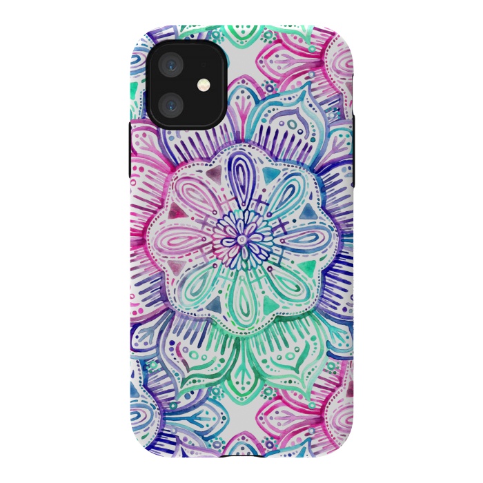 iPhone 11 StrongFit Watercolor Mandala in Mint, Magenta and Purple by Micklyn Le Feuvre