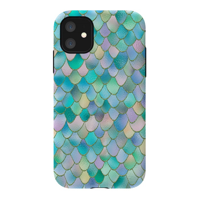 iPhone 11 StrongFit Teal and Green Wonky Metal Mermaid Scales by  Utart