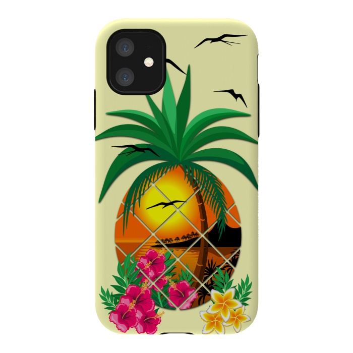 iPhone 11 StrongFit Pineapple Tropical Sunset, Palm Tree and Flowers by BluedarkArt