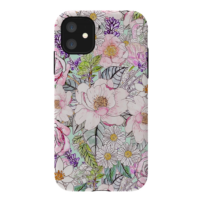 iPhone 11 StrongFit Watercolor garden peonies floral hand paint  by InovArts