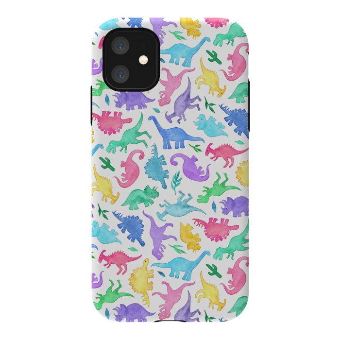 iPhone 11 StrongFit Ditsy Dinos in Bright Pastels on White by Micklyn Le Feuvre