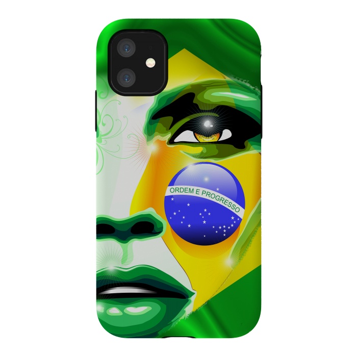 iPhone 11 StrongFit Brazil Flag Colors on Beautiful Girl Portrait by BluedarkArt