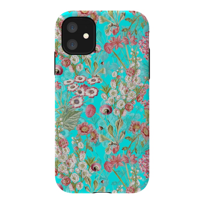 iPhone 11 StrongFit White & Pink Flowers on Teal by  Utart