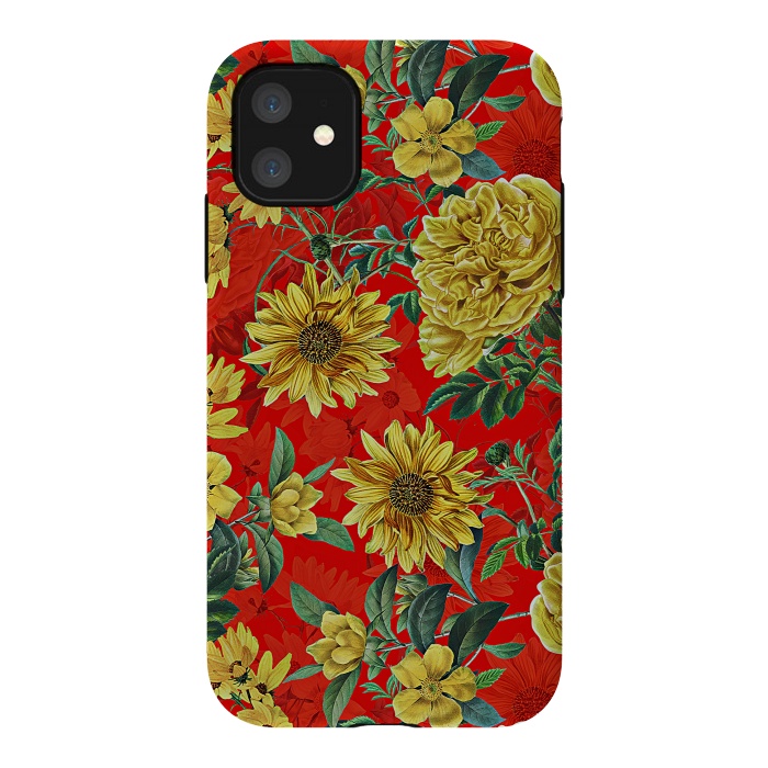 iPhone 11 StrongFit Sunflowers and Roses on Red by  Utart