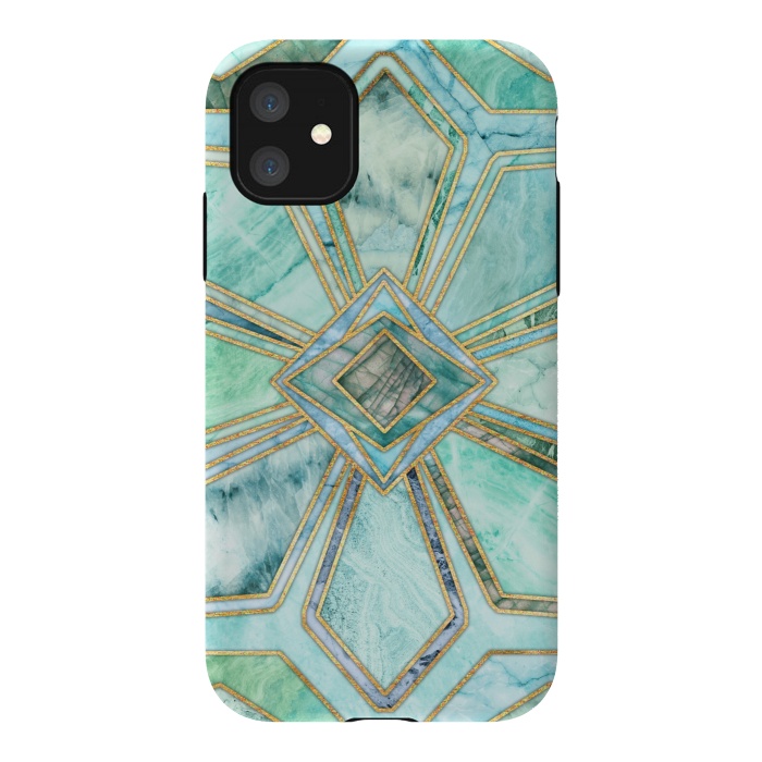 iPhone 11 StrongFit Geometric Gilded Stone Tiles in Mint and Jade Green by Micklyn Le Feuvre