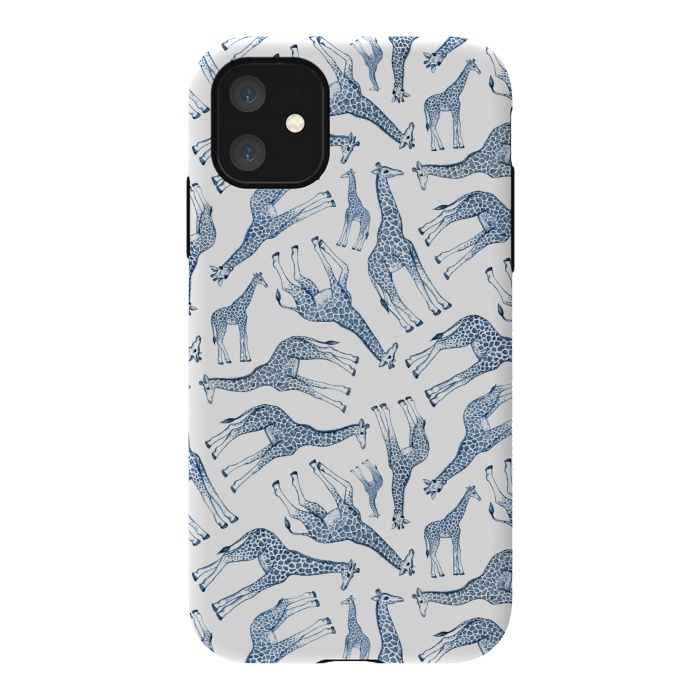iPhone 11 StrongFit Little Giraffes in Monochrome Blue and White by Micklyn Le Feuvre