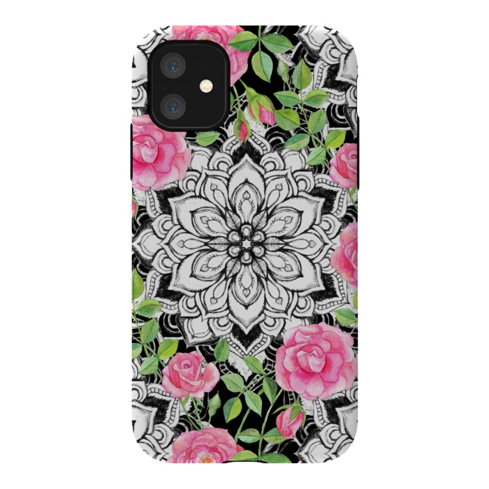 iPhone 11 StrongFit Peach Pink Roses and Mandalas on Black and White Lace by Micklyn Le Feuvre