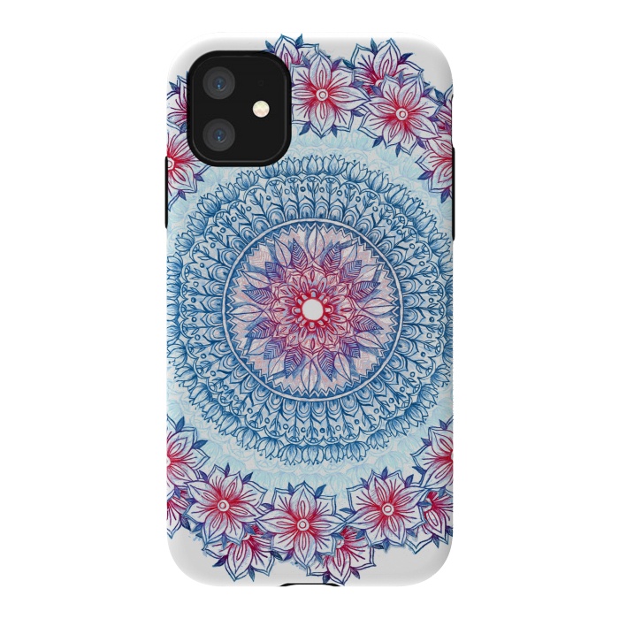 iPhone 11 StrongFit Red, White and Blue Floral Mandala by Micklyn Le Feuvre