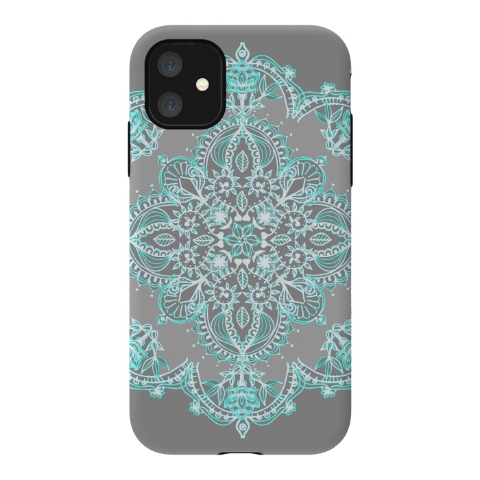 iPhone 11 StrongFit Teal and Aqua Lace Mandala on Grey  by Micklyn Le Feuvre