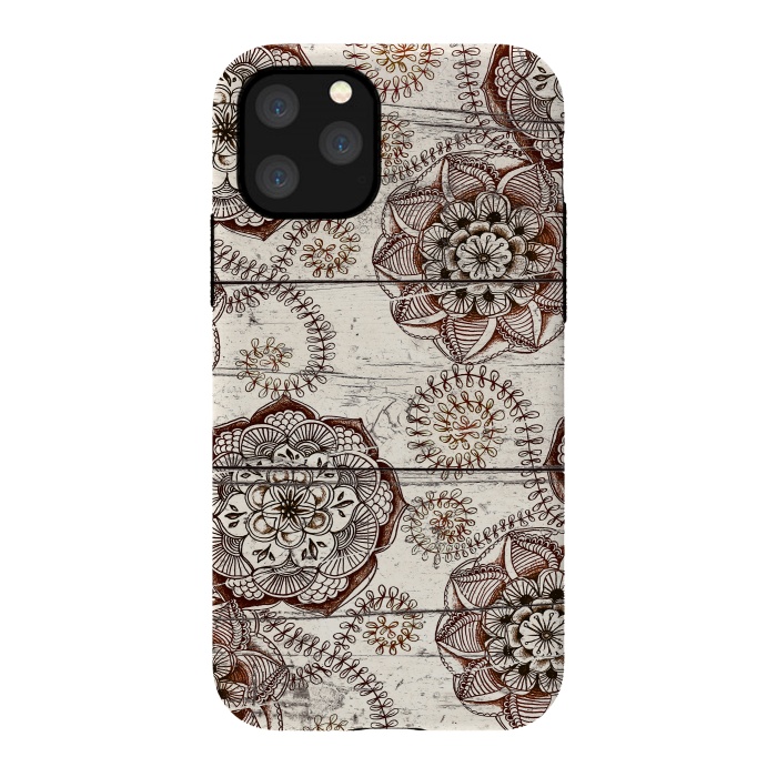 iPhone 11 Pro StrongFit Coffee & Cocoa - brown & cream floral doodles on wood by Micklyn Le Feuvre